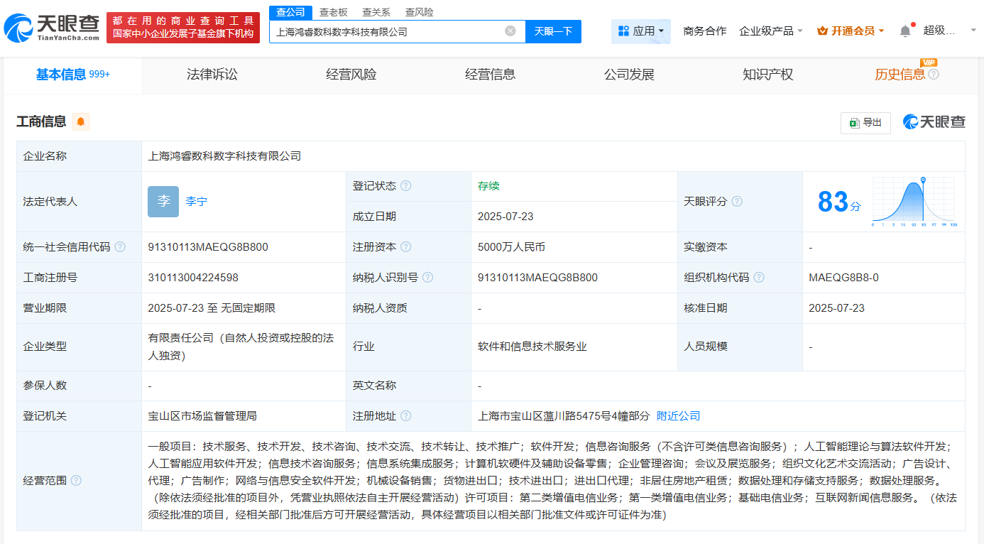 鴻博股份上海布局人工智能新篇章 鴻睿數科正式成立，注冊資本5000萬聚焦AI算法軟件開發
